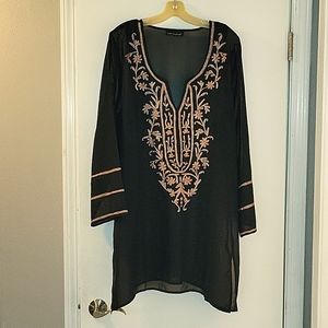Club Z Collection Swim Coverup, One Size, Black w/ Tan and Pink Embroidery